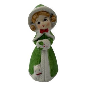 Vintage Jasco Christmas Girl Bell Figurine Green Coat with Cat Taiwan 1970s